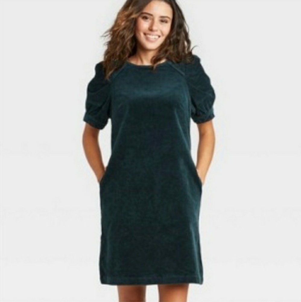 Universal Thread Green Corduroy Puff Sleeve Dress - Picture 1 of 15